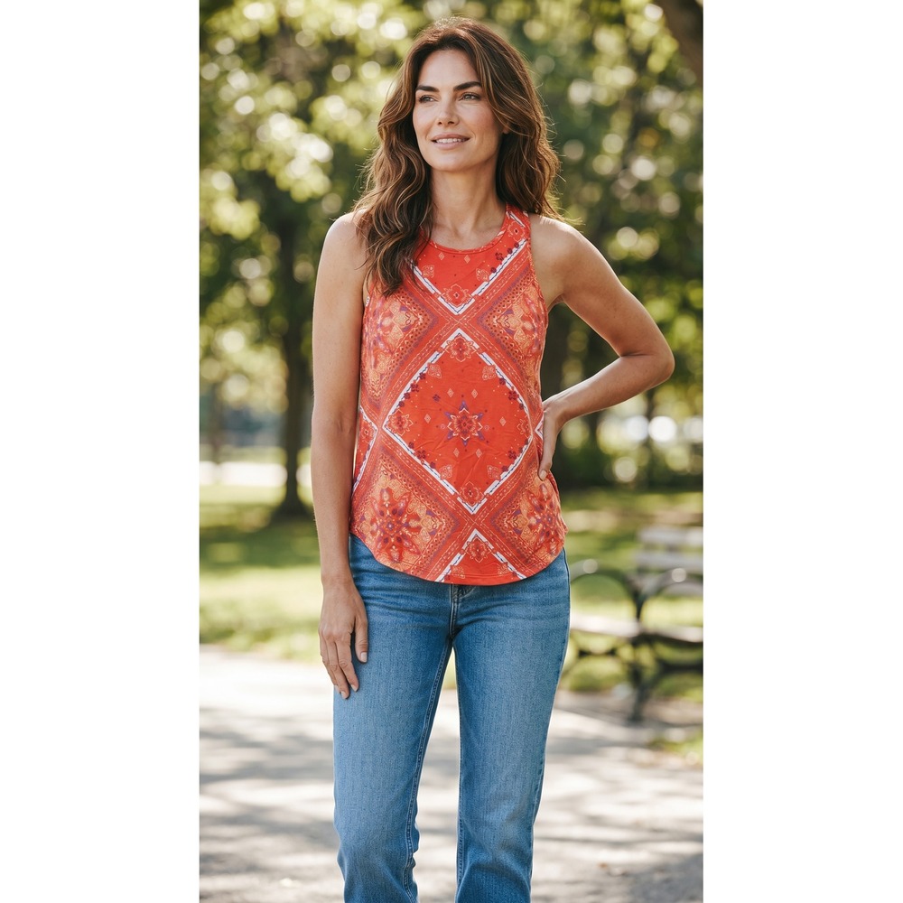 So Favorite Tank Top XS Red Orange Paisley Print Sleeveless Casual